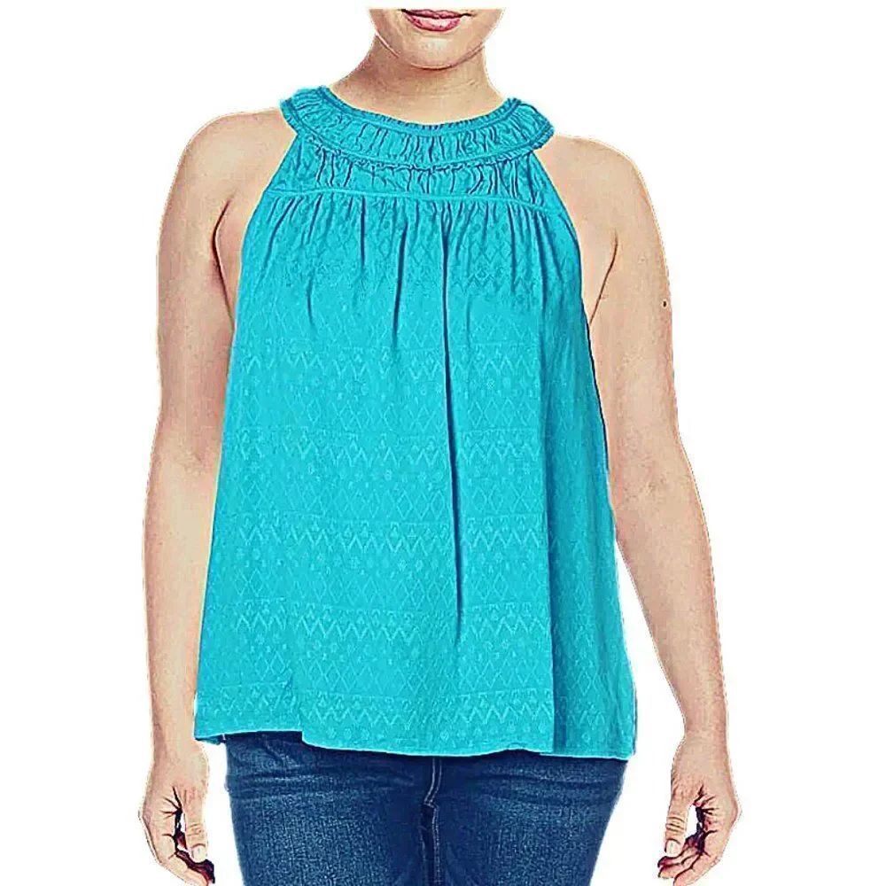 CeCe Top Sleeveless Tank Ruffled Round Neckline Keyhole Closure Blue Size Lg